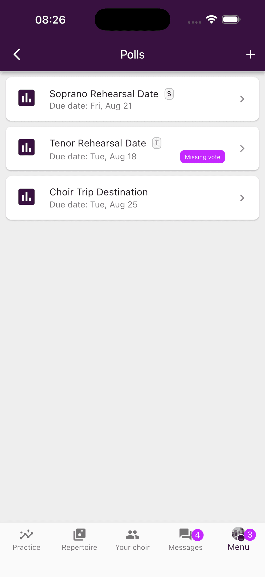 The Polls list in the ChoirMate mobile app