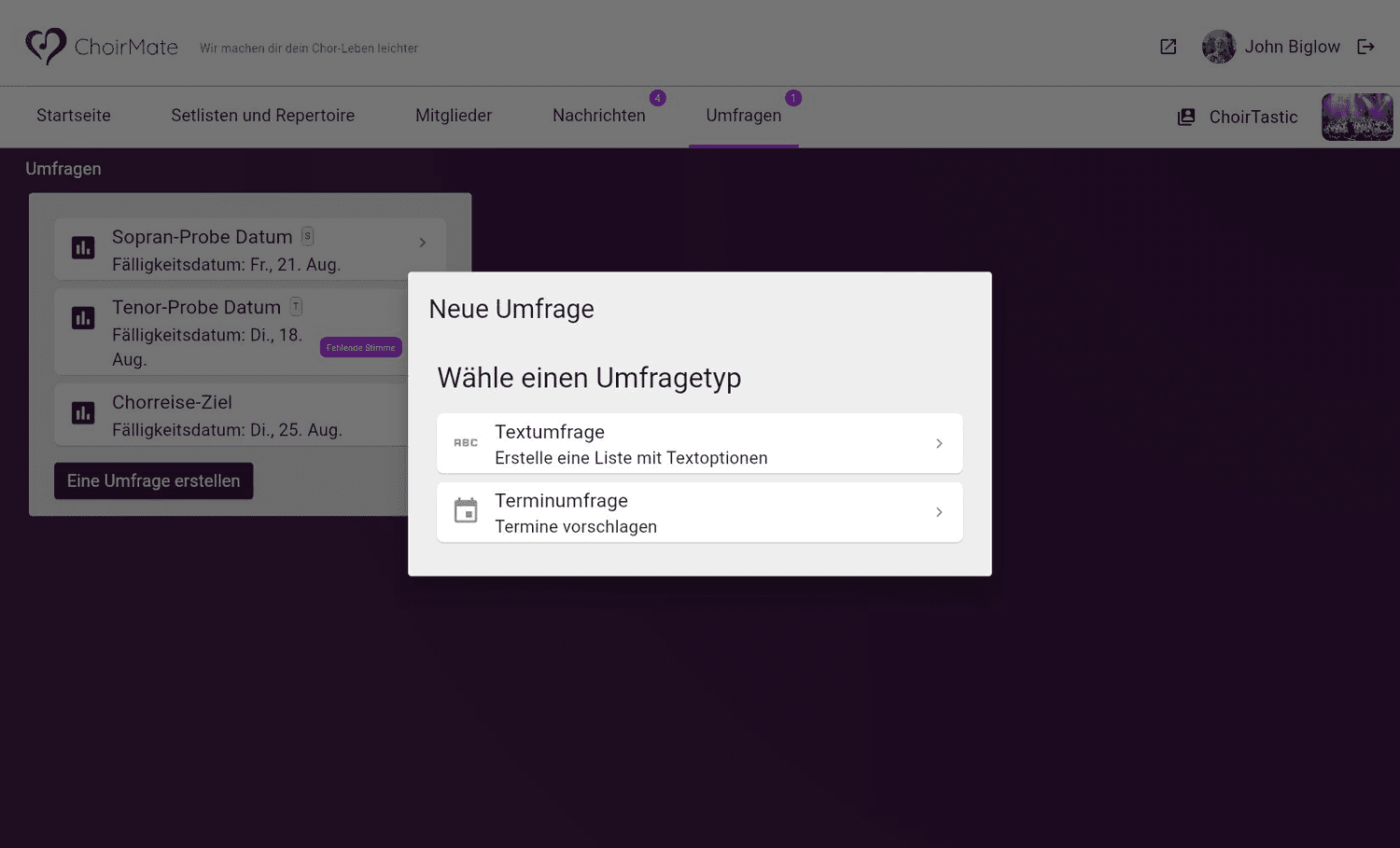 Die Auswahl zwischen Textumfrage und Terminumfrage im Web