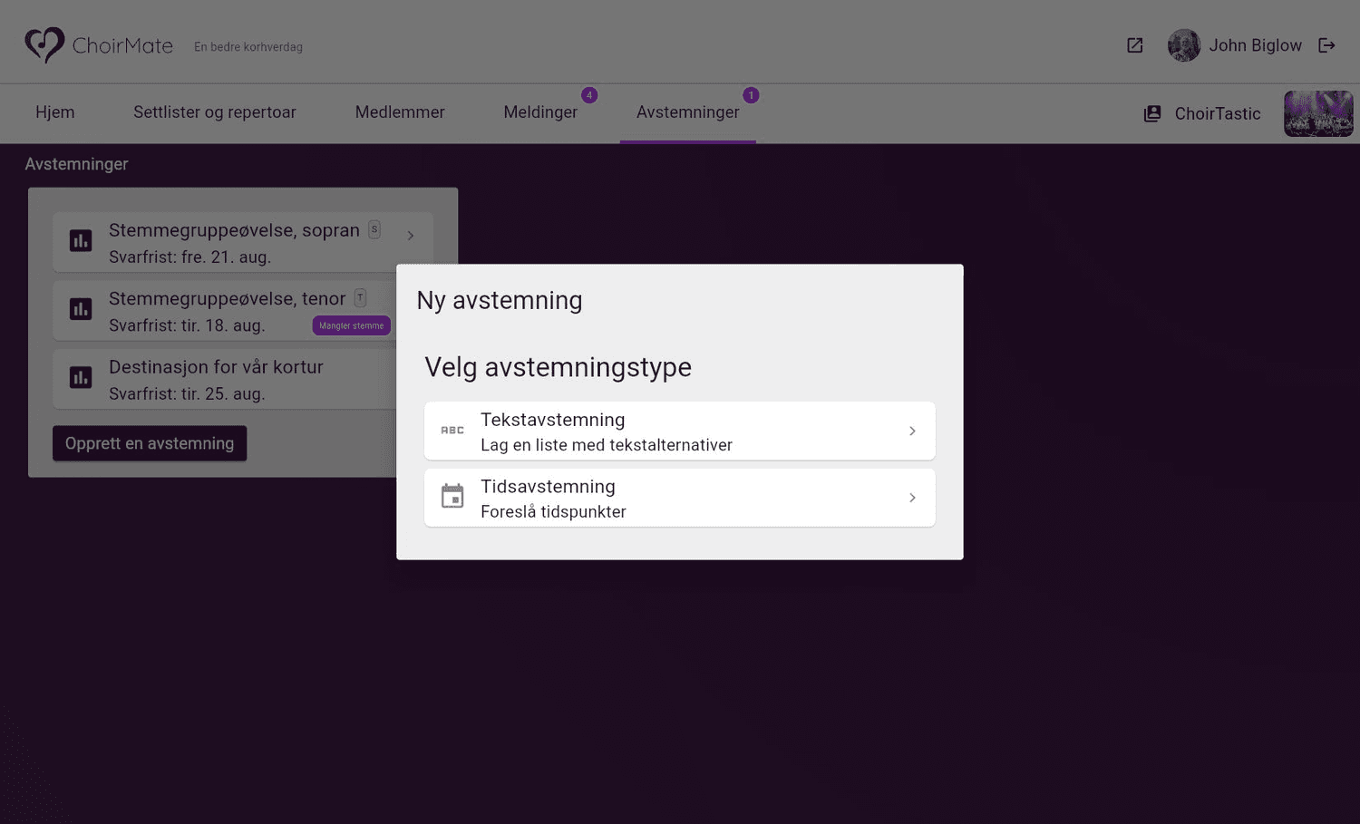 Valgene Tekstavstemning og Tidsavstemning på web