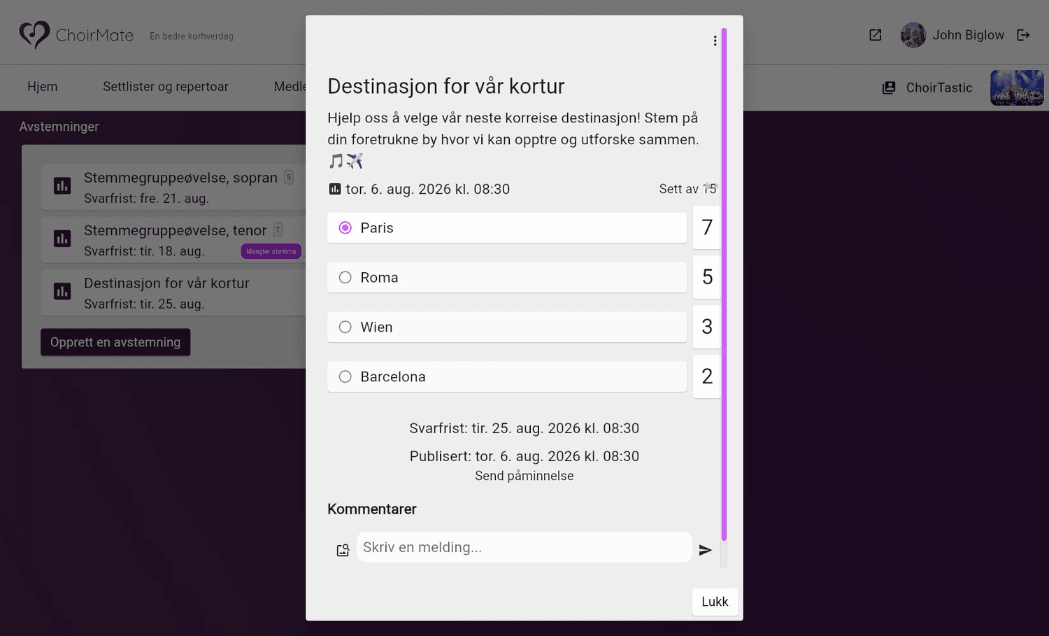 Et valgt alternativ med stemmetall og kommentarer på web