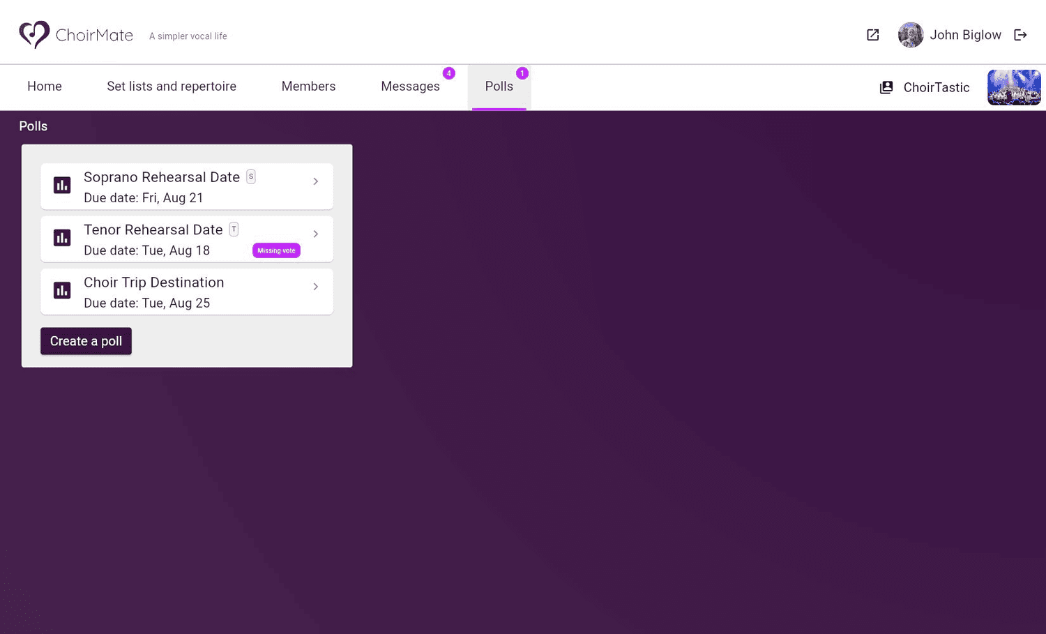 The Polls page on the ChoirMate website