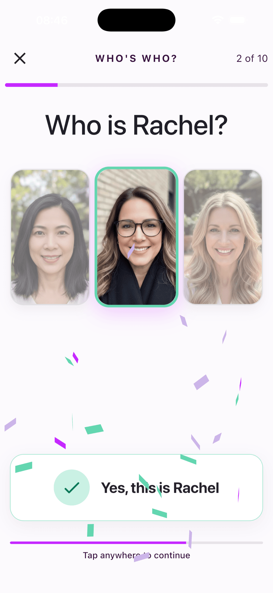 A correct Who's Who answer with a green outline and confetti in the ChoirMate app