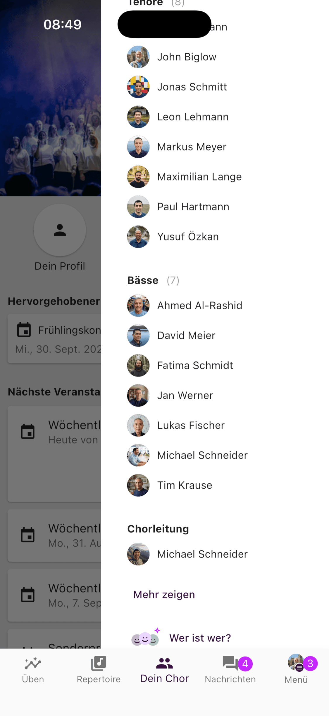 Die Karte Wer ist wer? am Ende der Mitgliederliste in der ChoirMate App