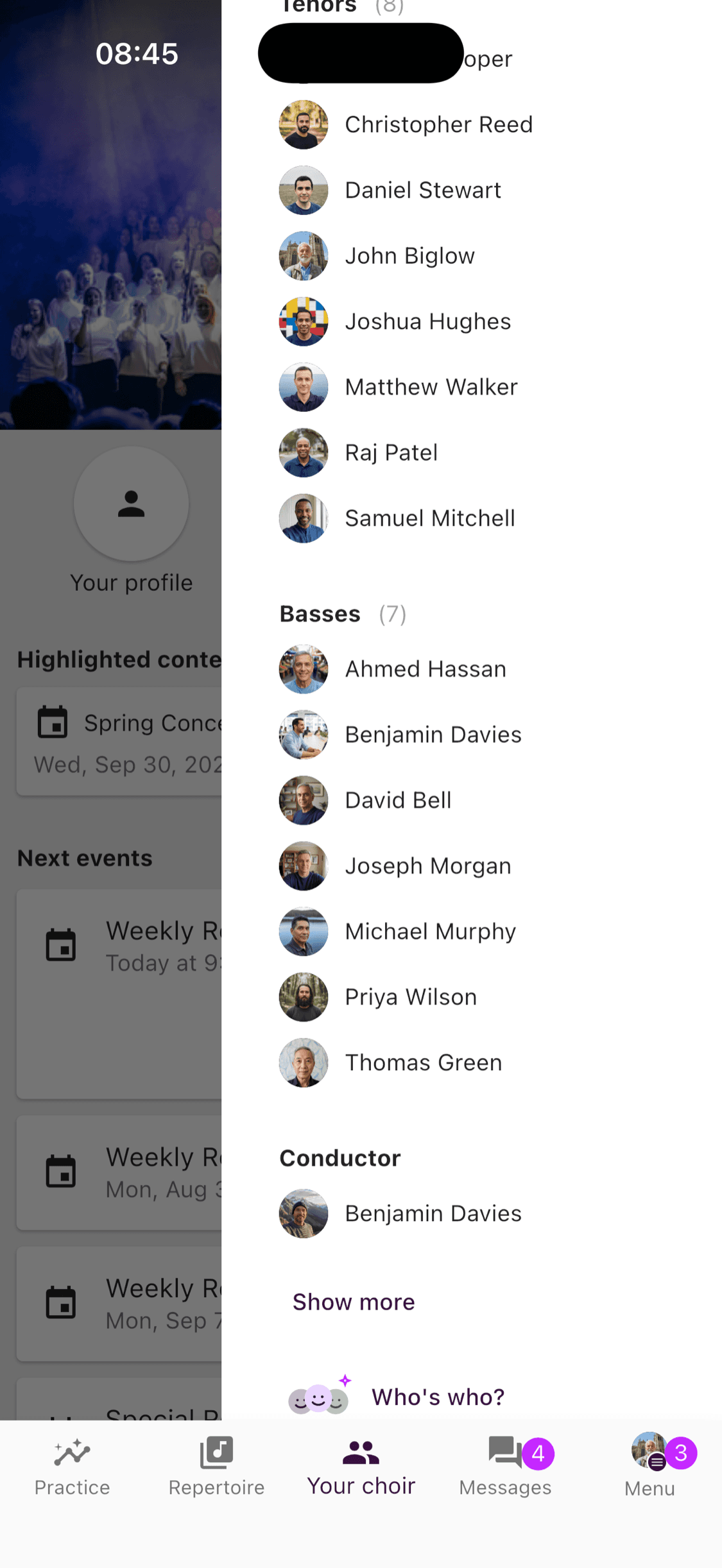 The Who's Who card at the bottom of the member list in the ChoirMate app