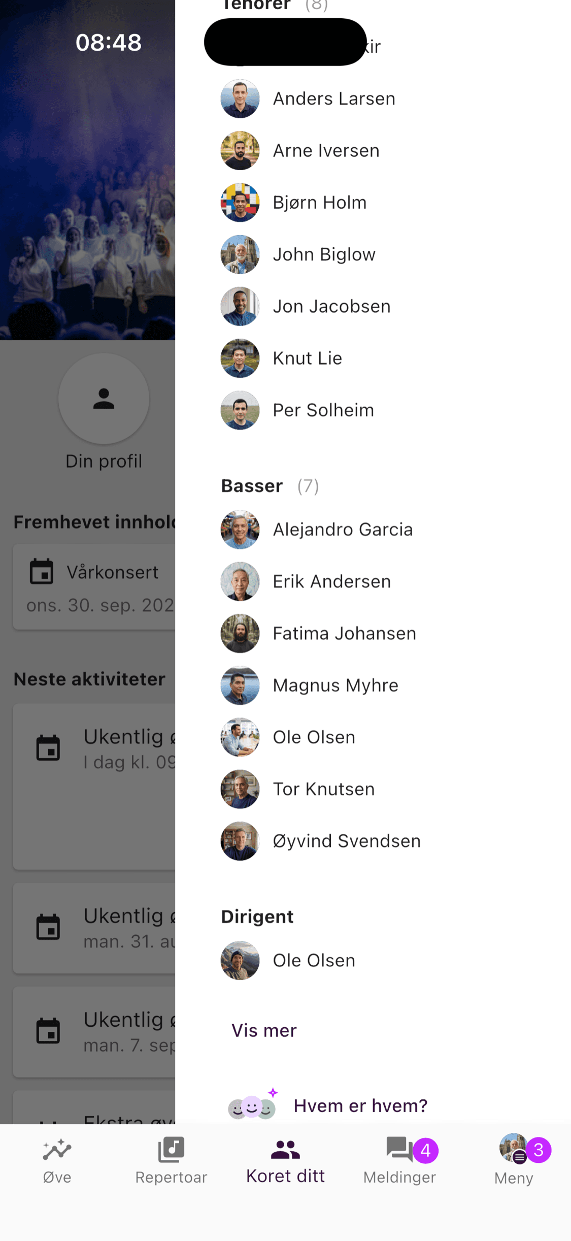 Kortet Hvem er hvem? nederst i medlemslisten i ChoirMate-appen