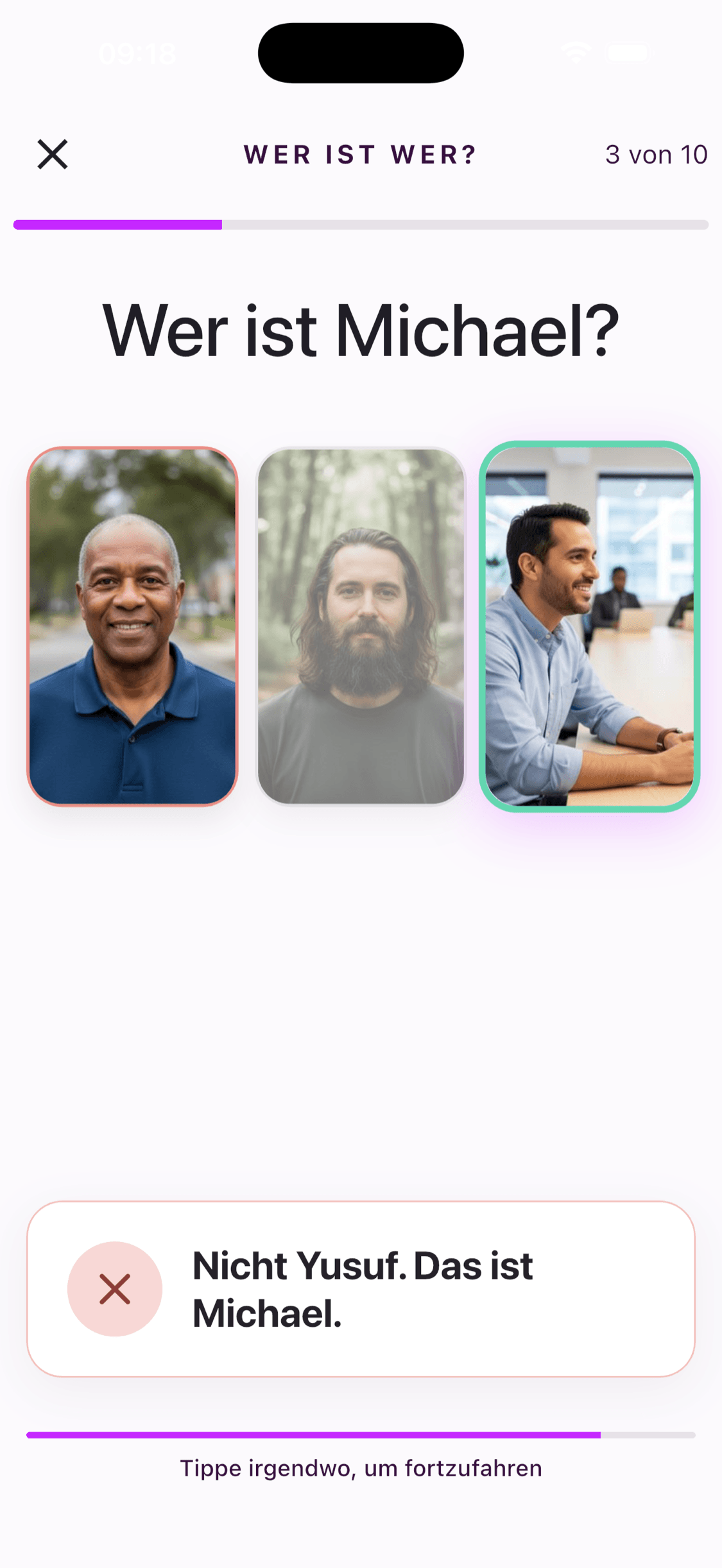 Eine falsche Antwort mit dem ausgewählten und dem richtigen Profilbild in der App