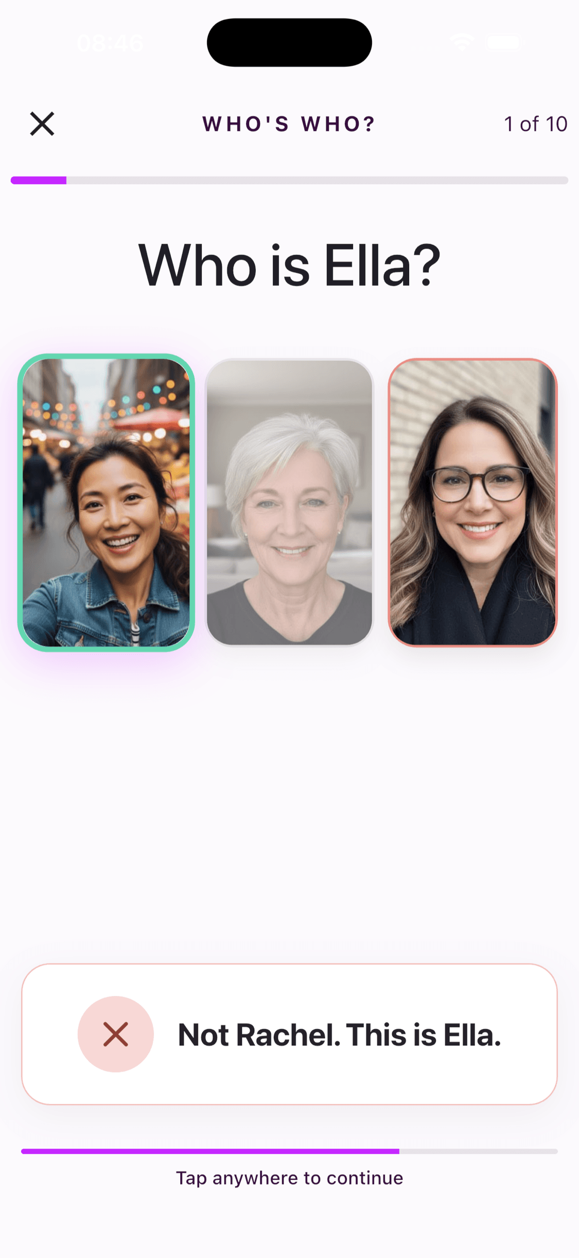 A wrong Who's Who answer showing the selected and correct profile photos in the ChoirMate app