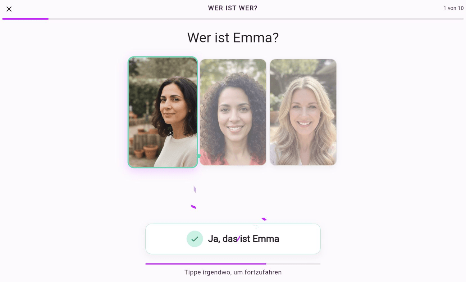 Eine richtige Antwort mit Konfetti in Wer ist wer? im Web