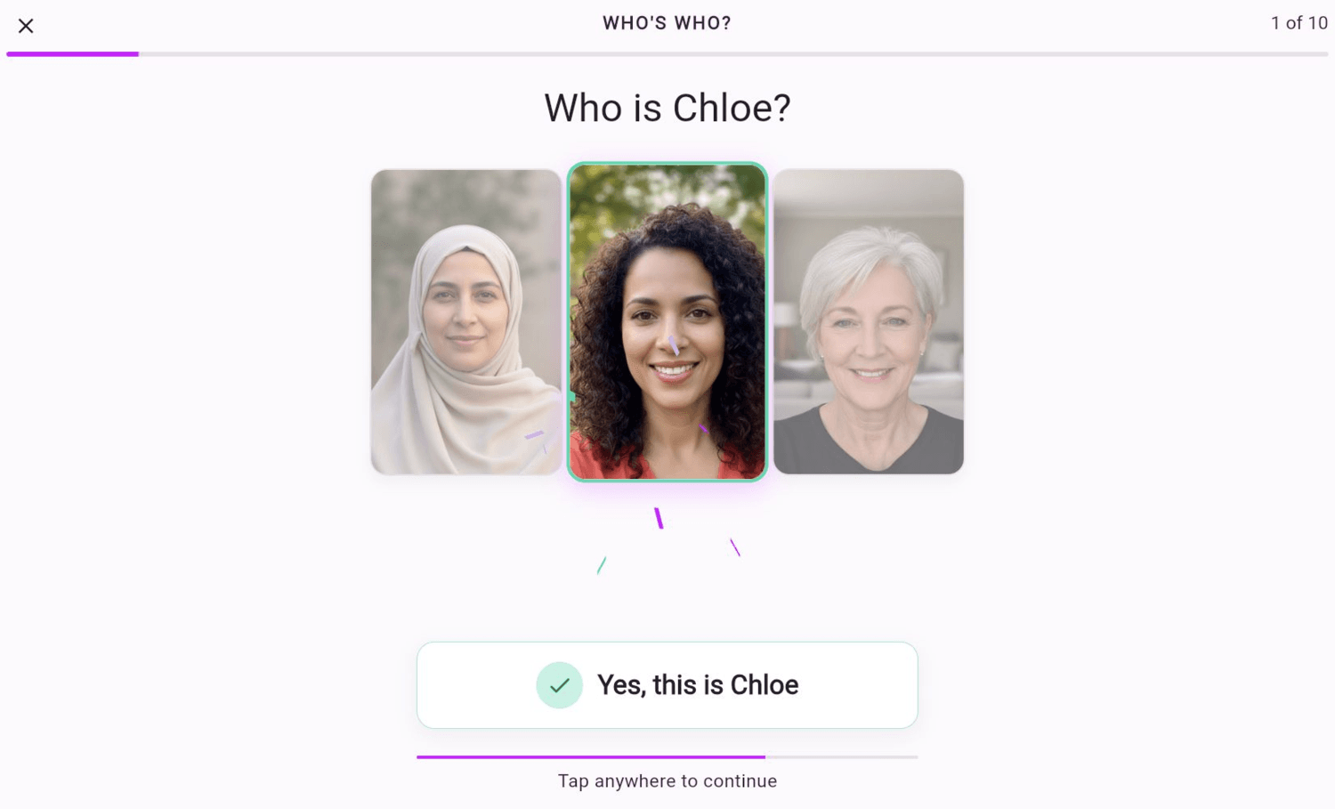 A correct Who's Who answer with confetti in ChoirMate on the web