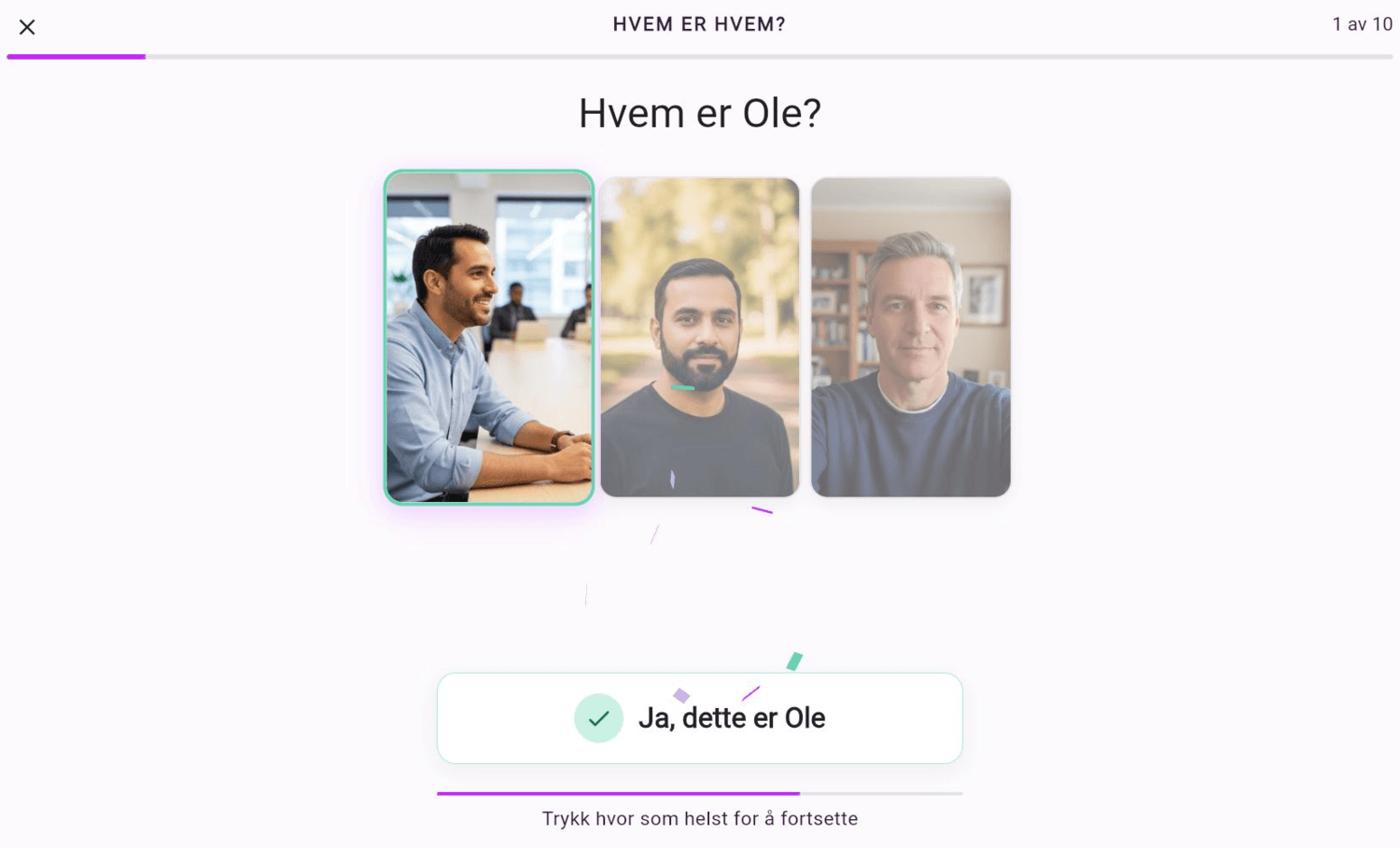 Et riktig svar med konfetti i Hvem er hvem? på web