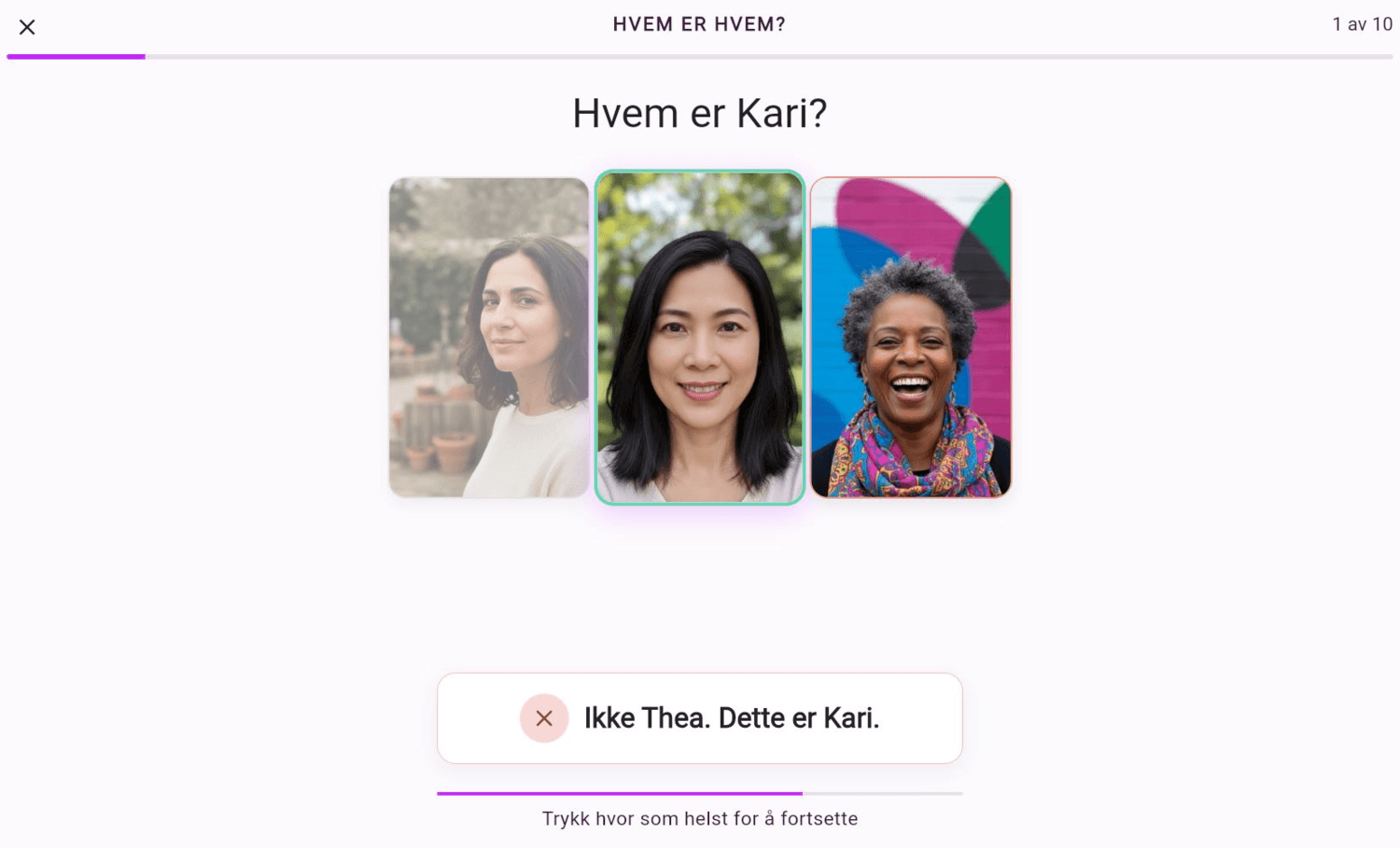 Et feil svar som viser både valgt og riktig person på web